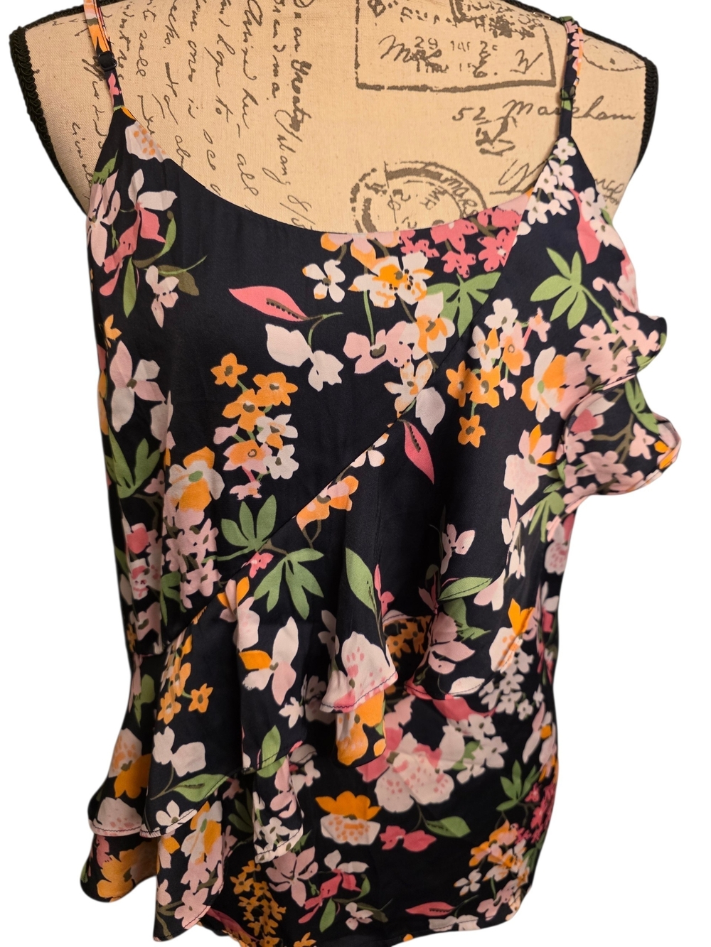 a new day Black Floral Camisole with Pink & Orange Blooms Medium Euc